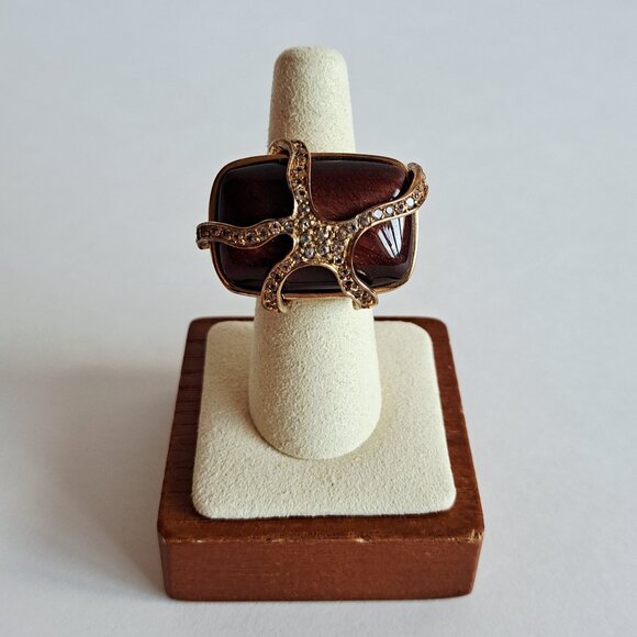 New Angelique de Paris Gold Plated Red Brown Tigereye Cage Ring Size 7 - Picture 10 of 16